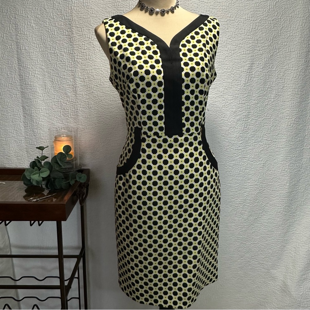 London Times Black, Yellow and White Sheath Sleeveless Midi Dress Size 8